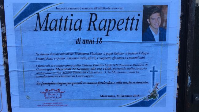 Mattia Rapetti è morto per influenza
