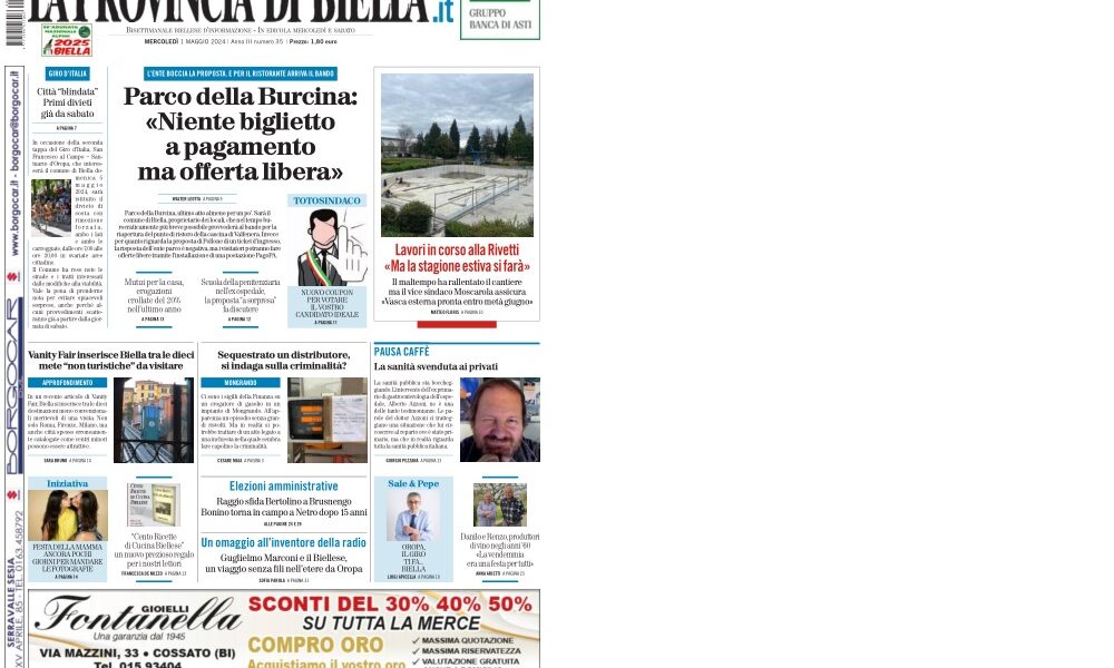 La prima pagina del giornale La Provincia di Biella. Se ieri a causa della festività del 1 maggio avete perso la Provincia di Biella ecco la prima pagina. Trovate il giornale in edicola fino a domani. Ricordatevi di mandare le foto per la Festa della mamma.