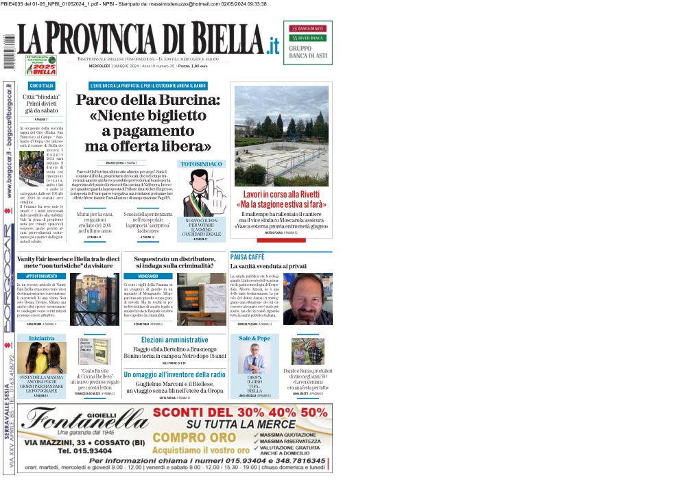 La prima pagina del giornale La Provincia di Biella. Se ieri a causa della festività del 1 maggio avete perso la Provincia di Biella ecco la prima pagina. Trovate il giornale in edicola fino a domani. Ricordatevi di mandare le foto per la Festa della mamma.