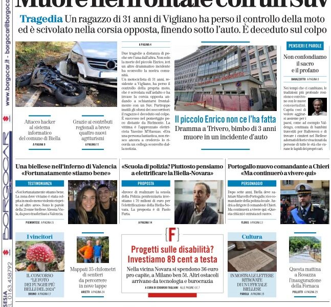 Tutte le notizie della Provincia di Biella in edicola oggi