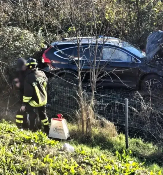 Auto esce di strada e finisce in mezzo alla vegetazione