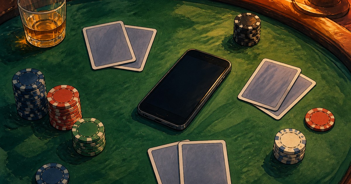 Illustrazione di un tavolo da poker verde con carte coperte, fiches e uno smartphone spento al centro